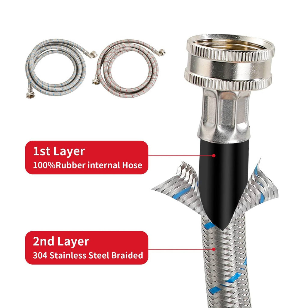 Braided stainless washing machine hose with rubber inner layer and metal couplings, red/blue