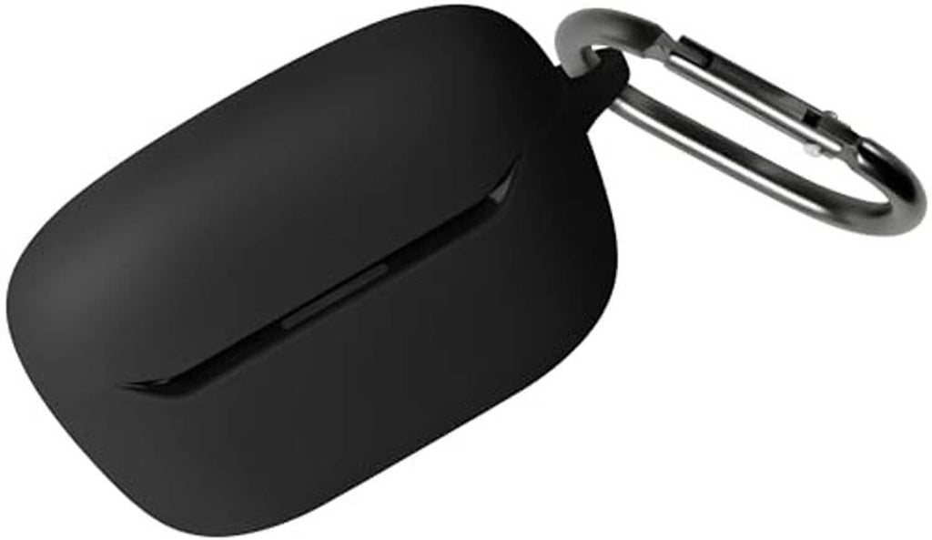 Black soft silicone earbud case, open-lid view with carabiner loop