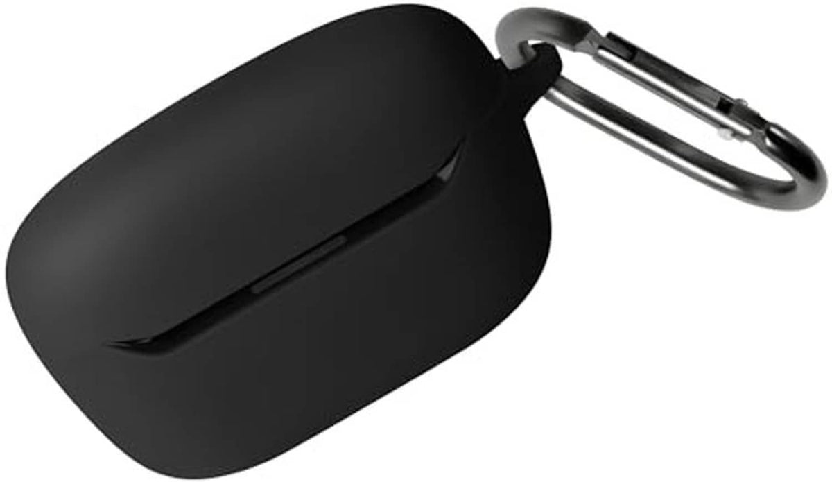 Black soft silicone earbud case, open-lid view with carabiner loop