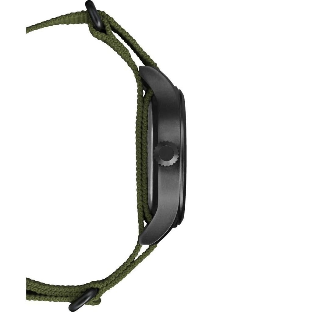 Men's black 40mm watch with green fabric strap, side profile and crown detail