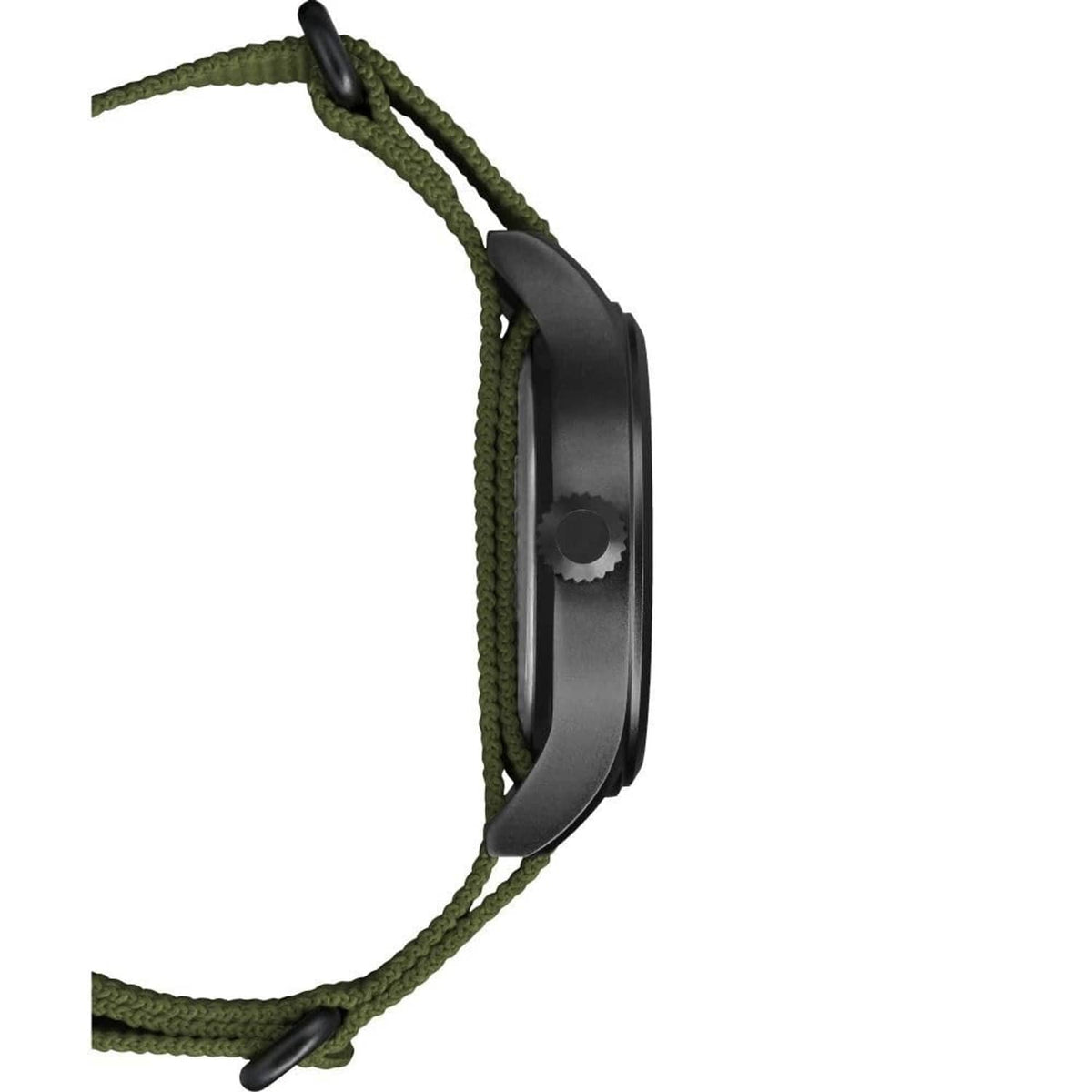Men's black 40mm watch with green fabric strap, side profile and crown detail