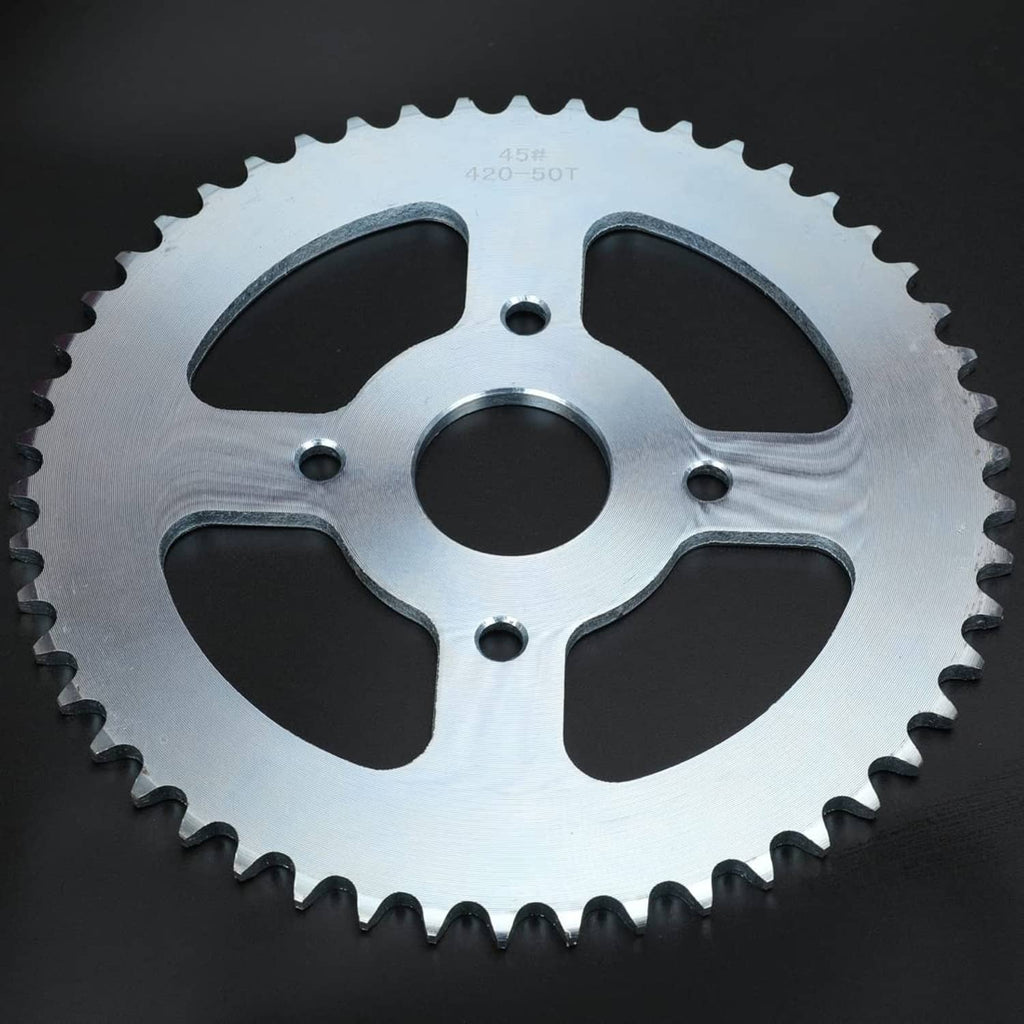 420-50T sprocket gear with 50 teeth, silver metal and central mounting opening