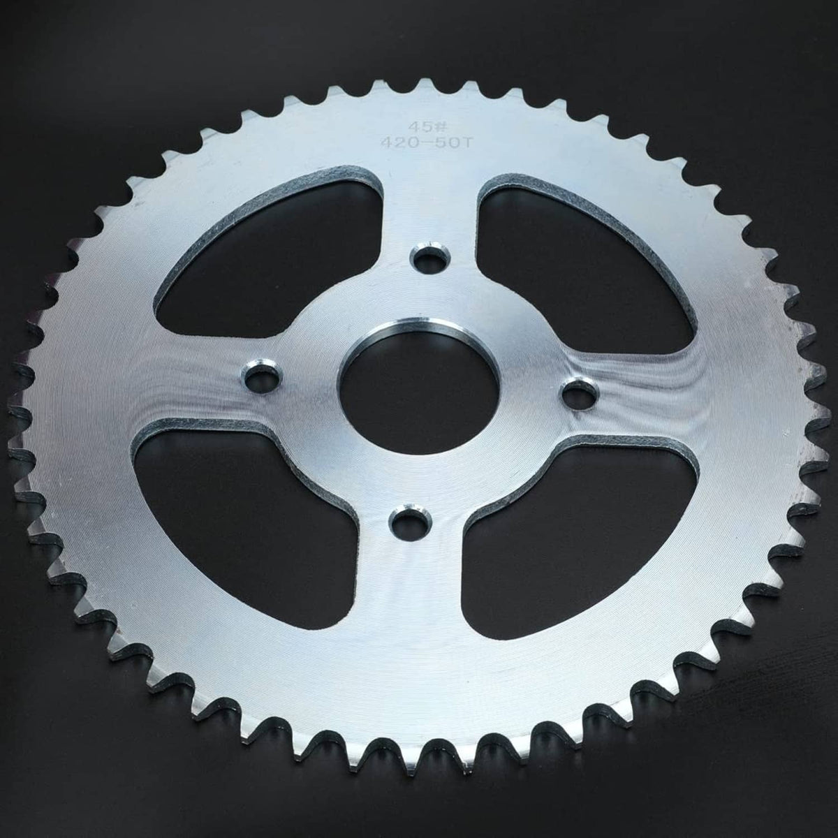 420-50T sprocket gear with 50 teeth, silver metal and central mounting opening