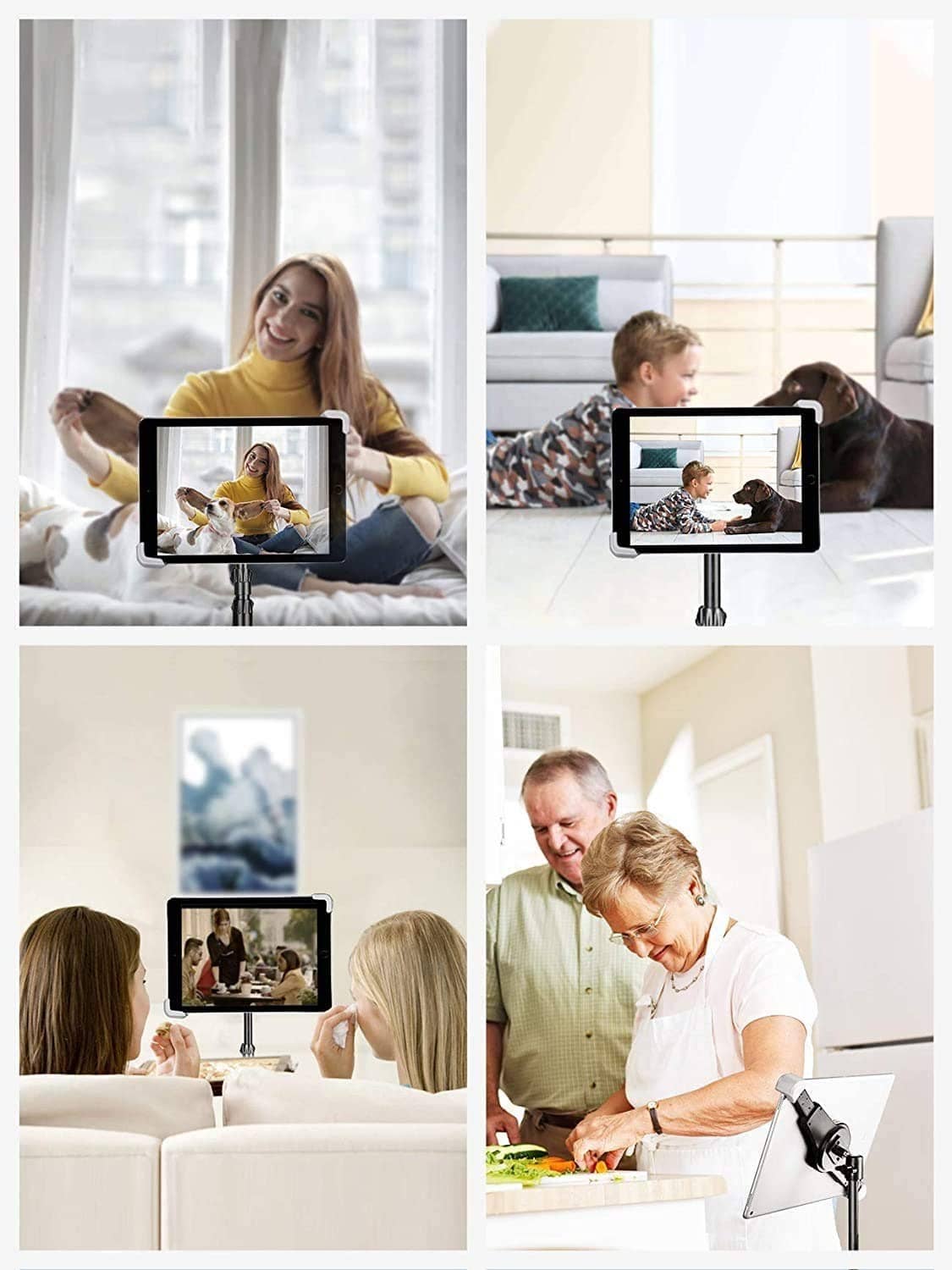 iPad tripod stand with tablet clamp and phone holder for video and calls