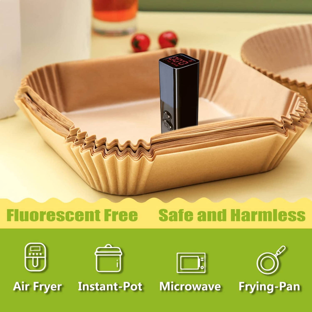 Wood-brown square air fryer liners stacked in a paper tray for storage