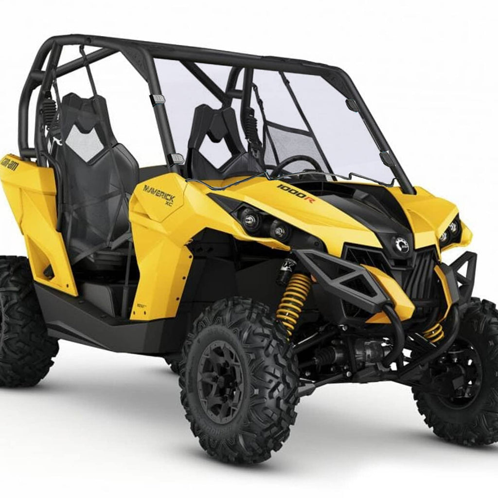 Clear UTV windshield panel with black frame and side mounting tabs on an off-road vehicle