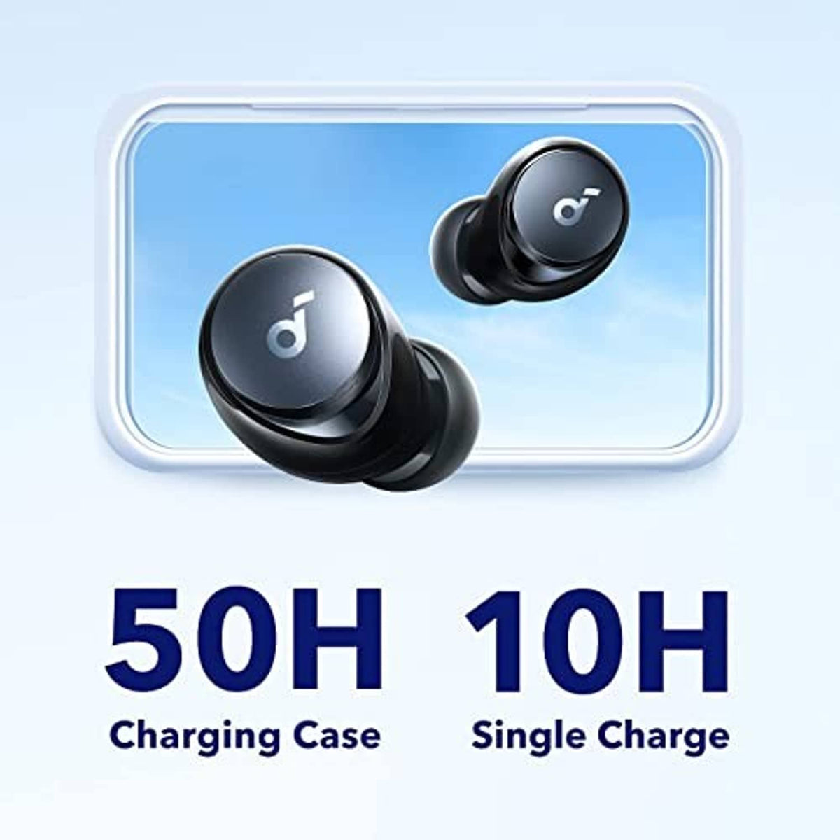 Black in-ear wireless earbuds with charging case, earbuds shown in case