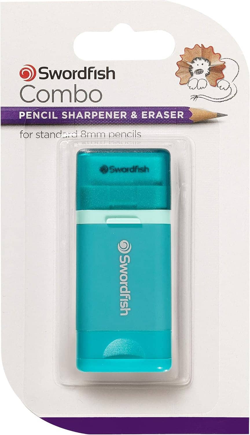 Turquoise Swordfish combo pencil sharpener with eraser, shown in retail blister packaging