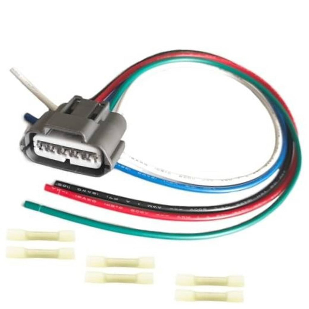 Fuel pump wiring pigtail connector with gray housing, multicolored cables, and terminal caps