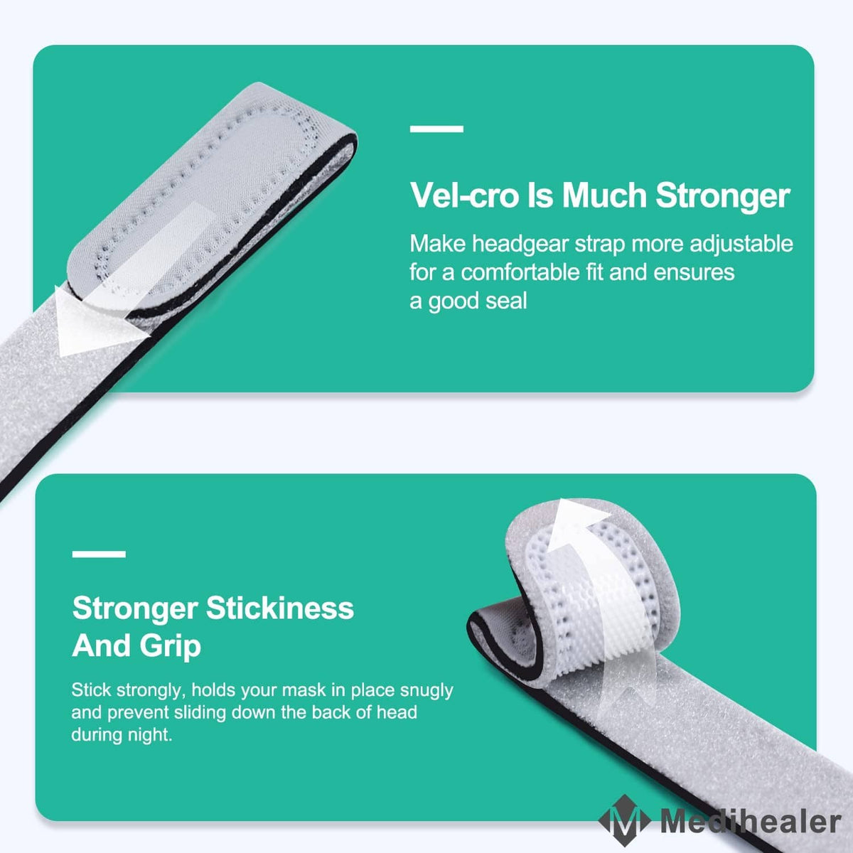 Gray Velcro strap and stitched grip pads for CPAP headgear