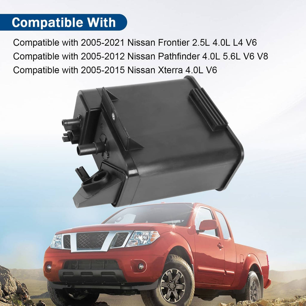 Black fuel vapor charcoal canister angled view with top vent and side mounting tabs