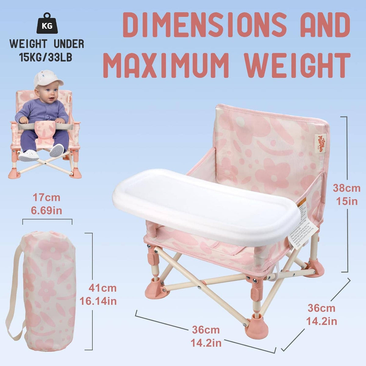Pink portable baby chair with white tray and foldable metal frame