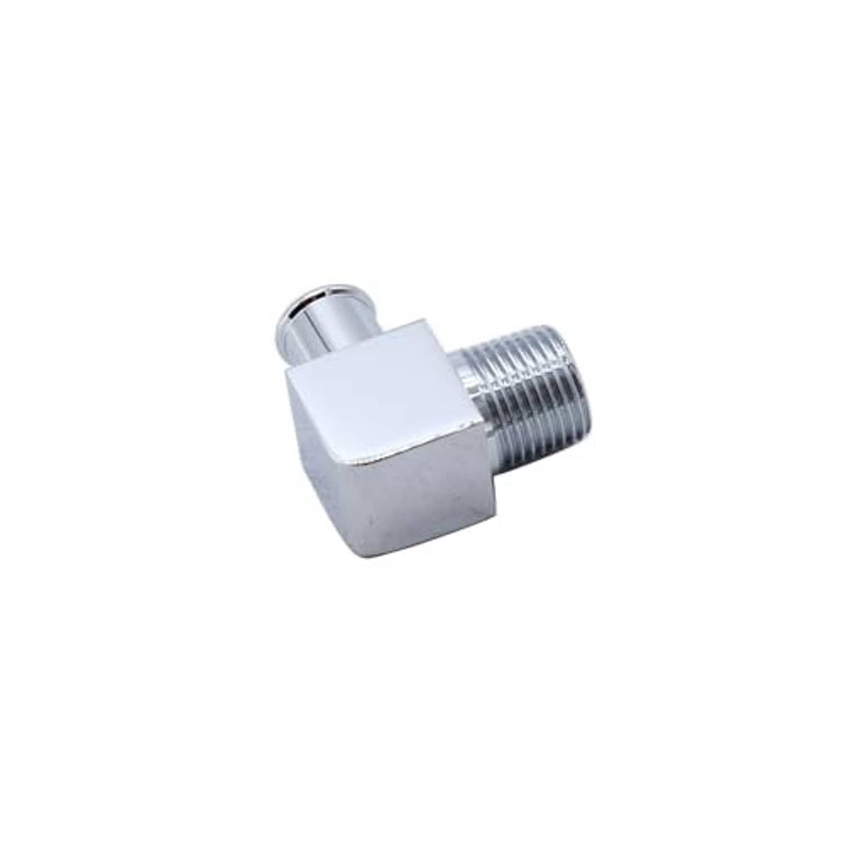 90-degree aluminum hose fitting, compact body with threaded connection, polished chrome