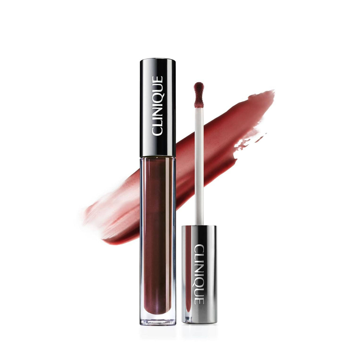 Clinique Pop Plush lip gloss duo with applicator wand and dark rose-brown gloss swatch