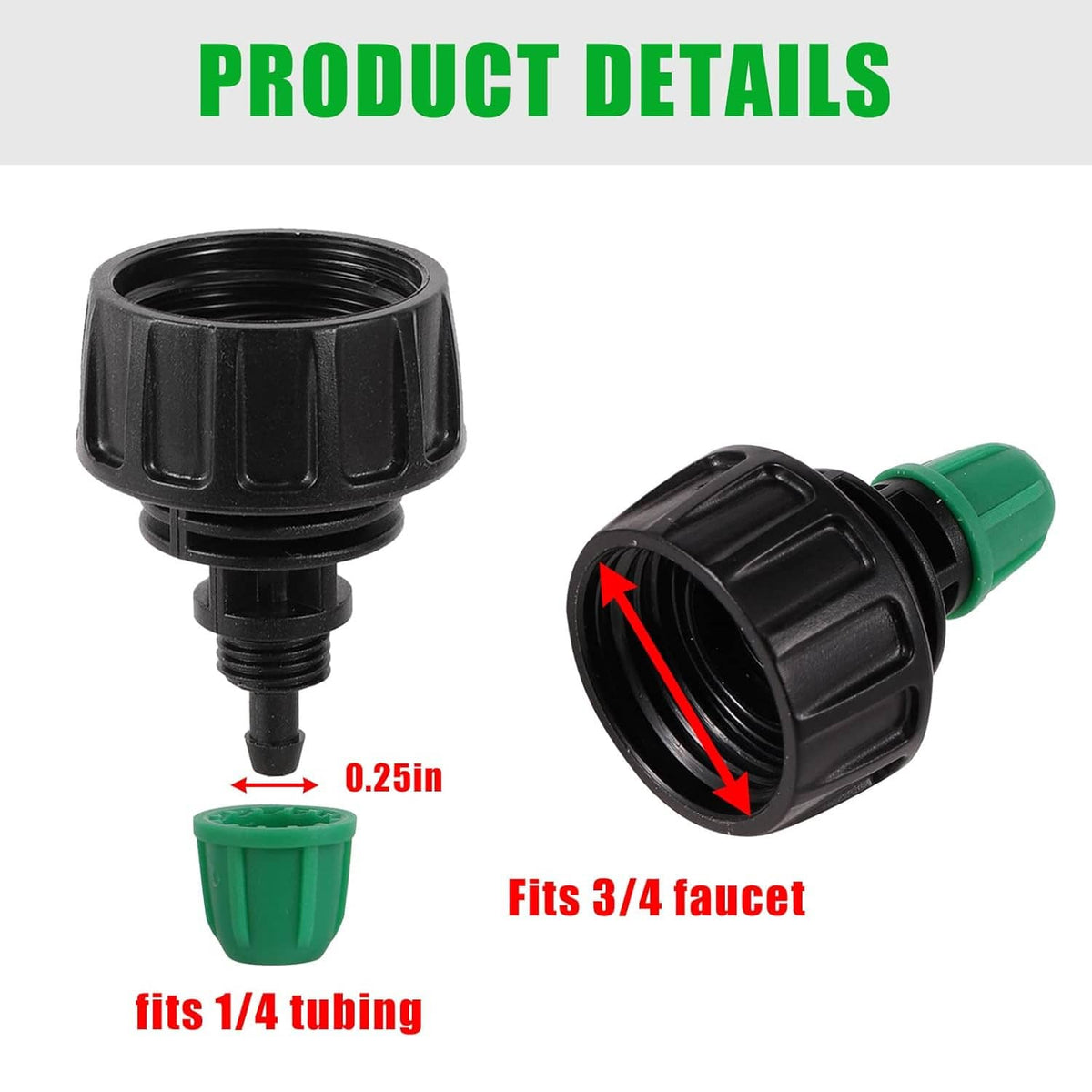 Black lock-barb connector with green insert, showing end opening for drip tubing connection