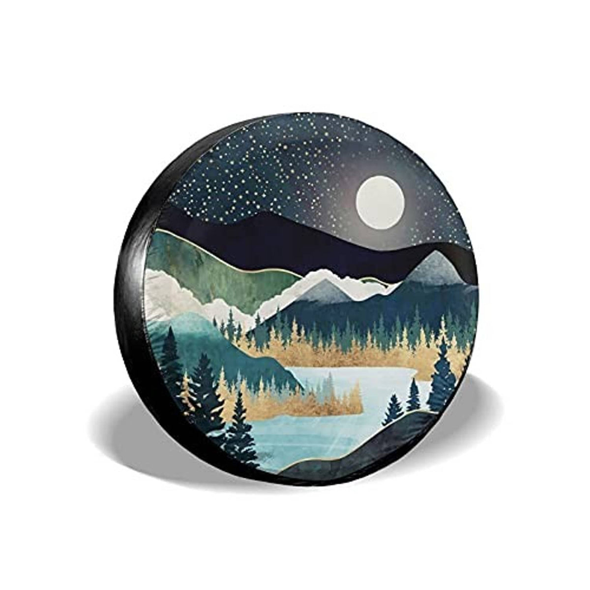 Round tire cover featuring a starry sky, moon, mountain peaks, and pine forest