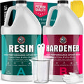 Epoxy resin hardener kit with two white bottles, measuring cups, and gloves.
