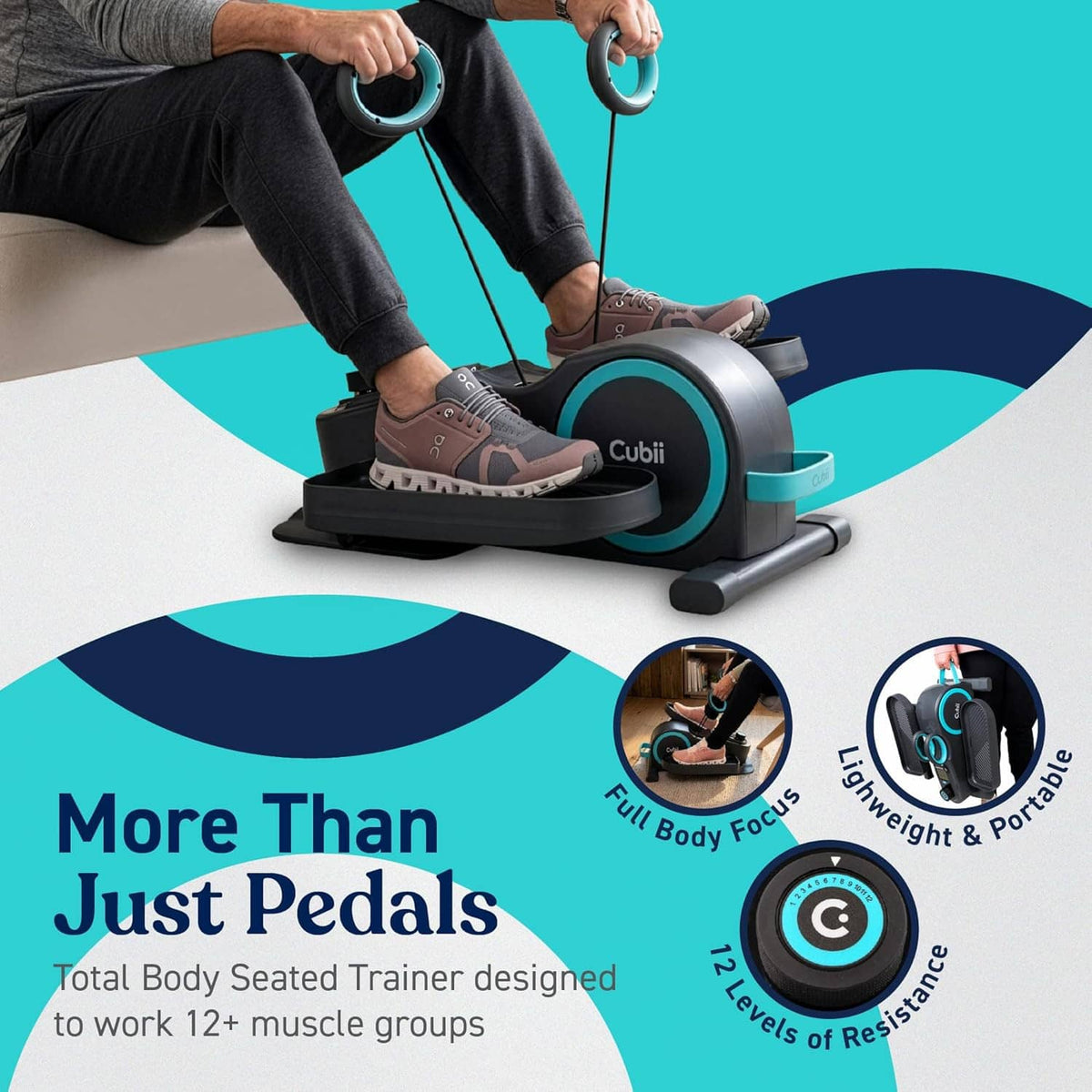 Seated under-desk elliptical bike with resistance handles, black and teal