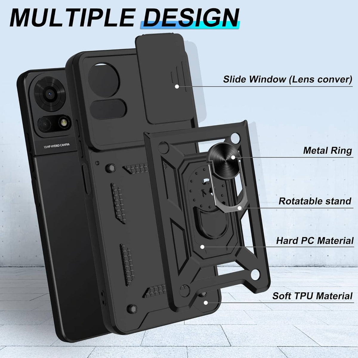 Black rugged phone case with rotatable stand, metal ring, and lens cover