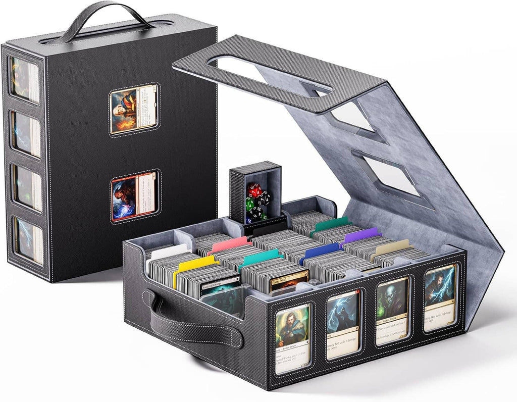 Trading card storage box with handle and open tray, holds multiple card decks in slots