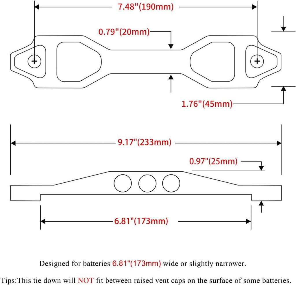 Blue battery tie-down mount bracket dimension diagram with mounting holes and slot end