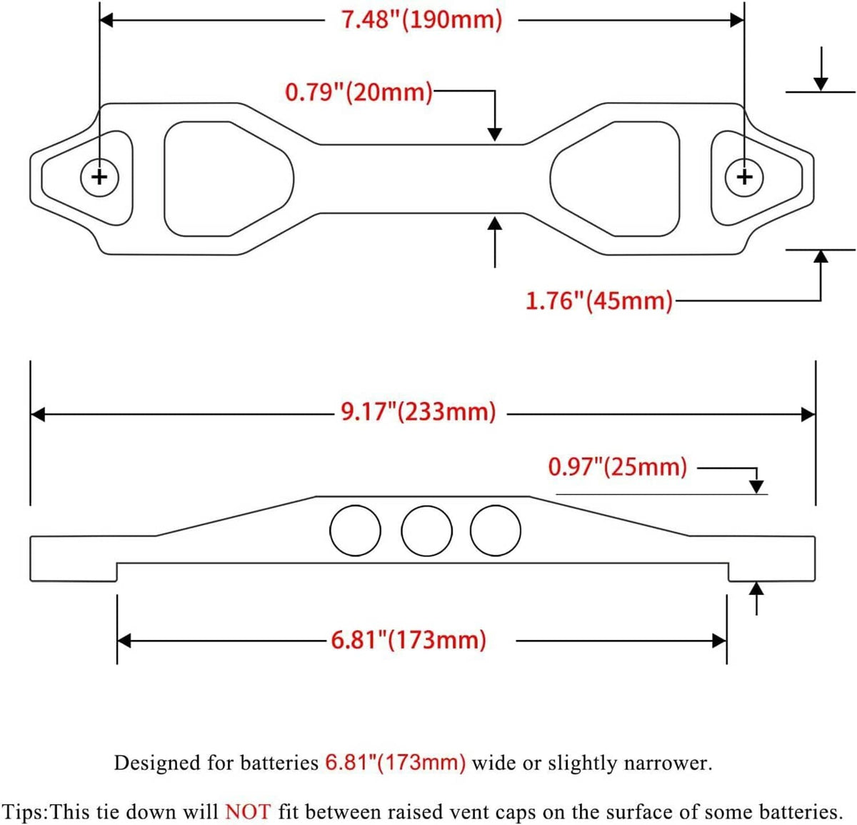 Blue battery tie-down mount bracket dimension diagram with mounting holes and slot end
