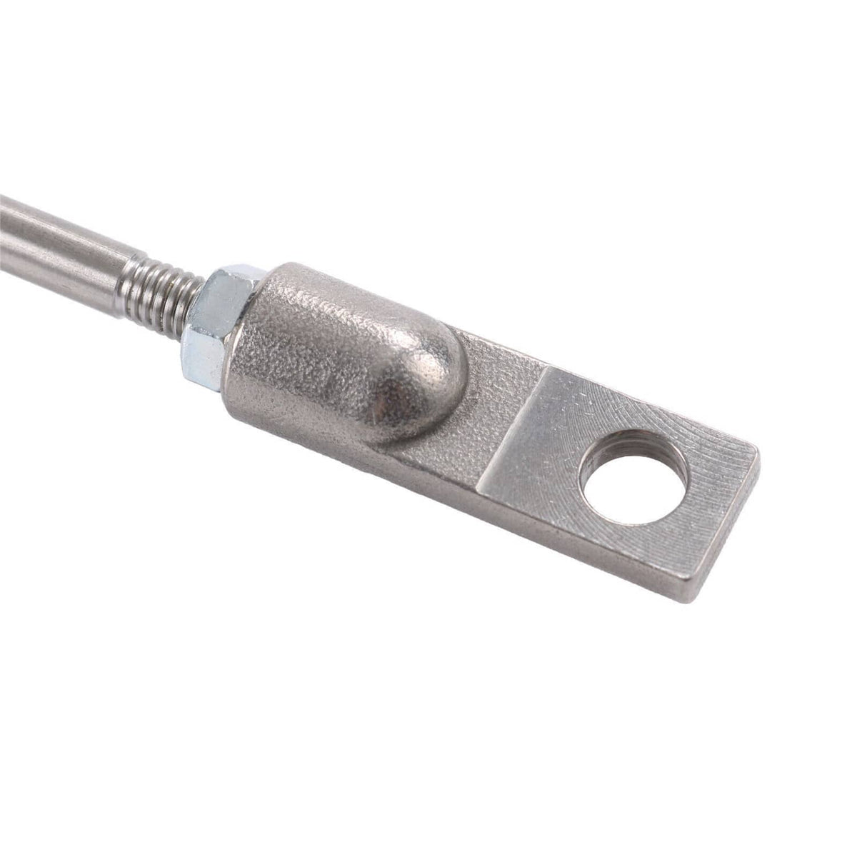Turbo wastegate actuator linkage: silver metal rod with mounting hole