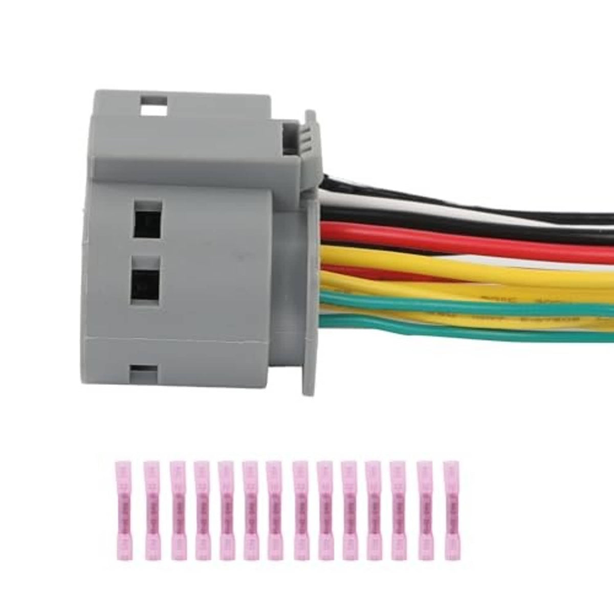 Gray connector housing with multi-color wire leads plugged into harness