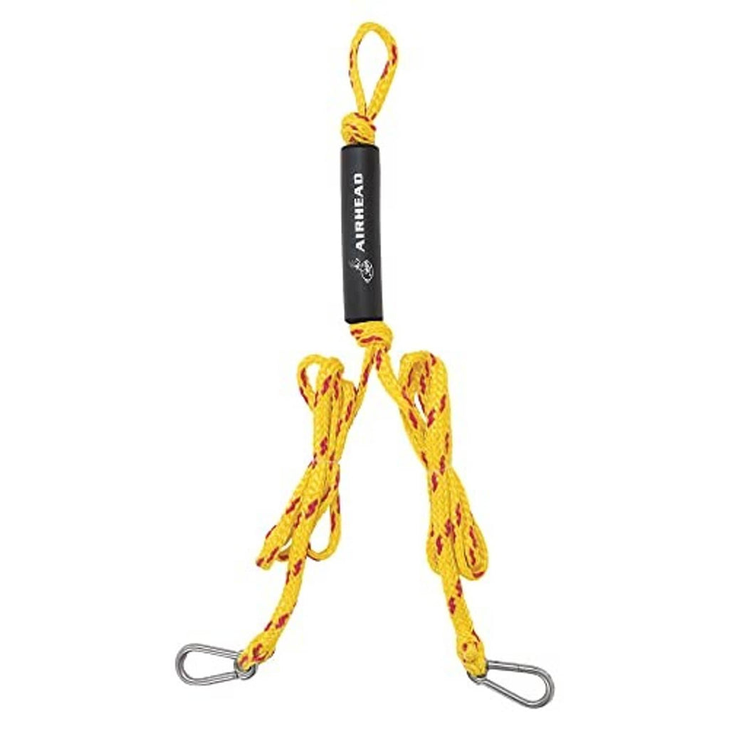 Yellow tow harness with black sleeve label and two metal snap hooks