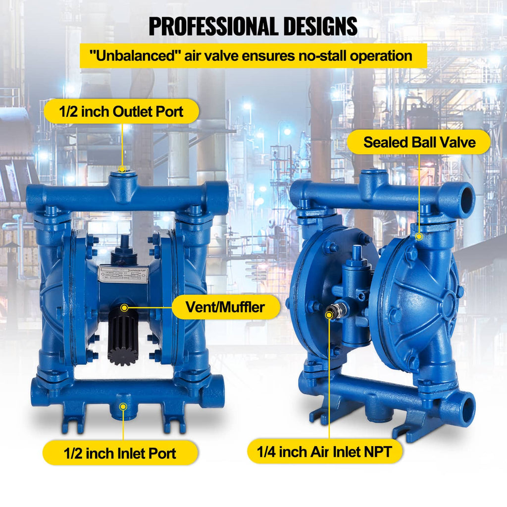 Blue diaphragm pump with inlet and outlet ports, side air inlet fitting, and vent muffler