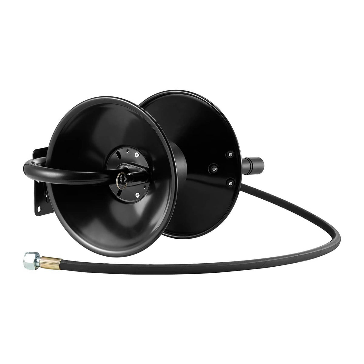 Black pressure washer hose reel with 50 ft hose, dual drum and steel mount