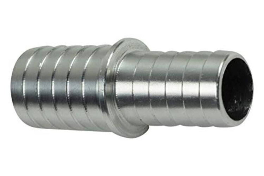 Metal hose barb reducer splice coupler, 5/8 to 1/2 inch, ribbed end with dark opening