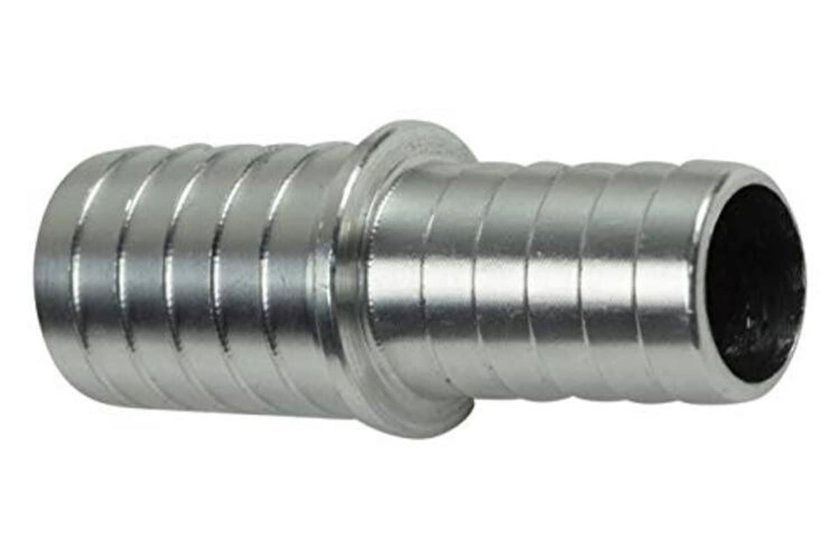 Metal hose barb reducer splice coupler, 5/8 to 1/2 inch, ribbed end with dark opening