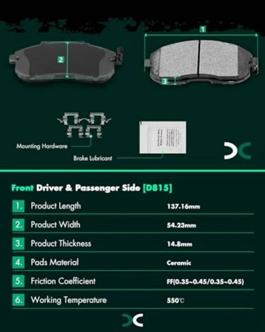 Front ceramic brake pad set with hardware and label, gray friction pads