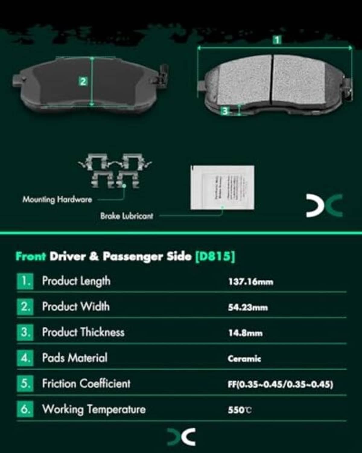Front ceramic brake pad set with hardware and label, gray friction pads