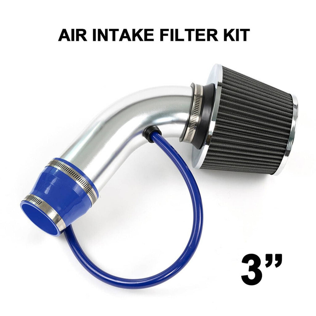 3-inch air intake filter kit with black cone filter, chrome elbow pipe and blue hose