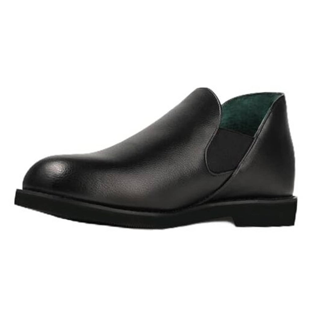 Men's black leather slip-on house slippers with moc-toe and low rubber sole