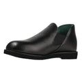 Men's black leather slip-on house slippers with moc-toe and low rubber sole