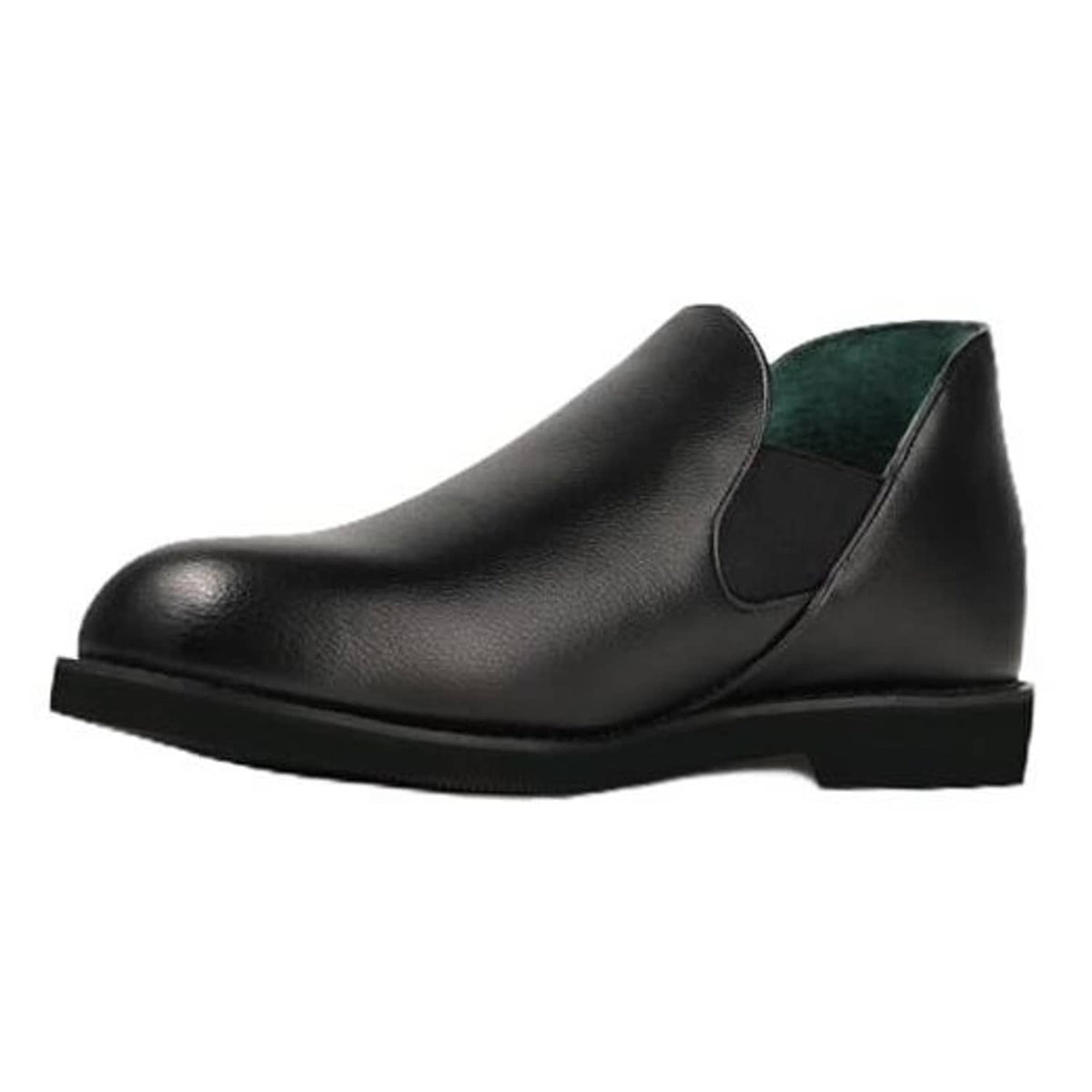 Men's black leather slip-on house slippers with moc-toe and low rubber sole