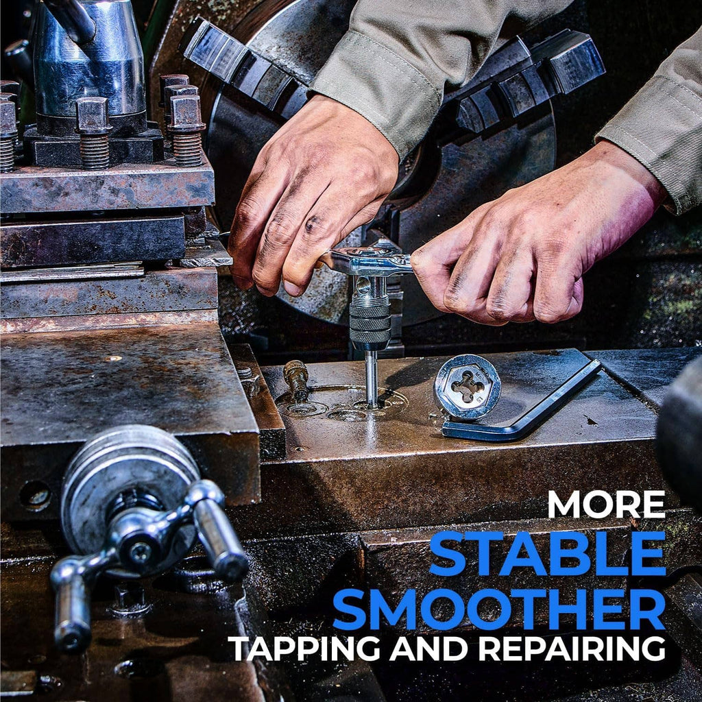 Ratcheting tap wrench and die tooling mounted on a metal workpiece