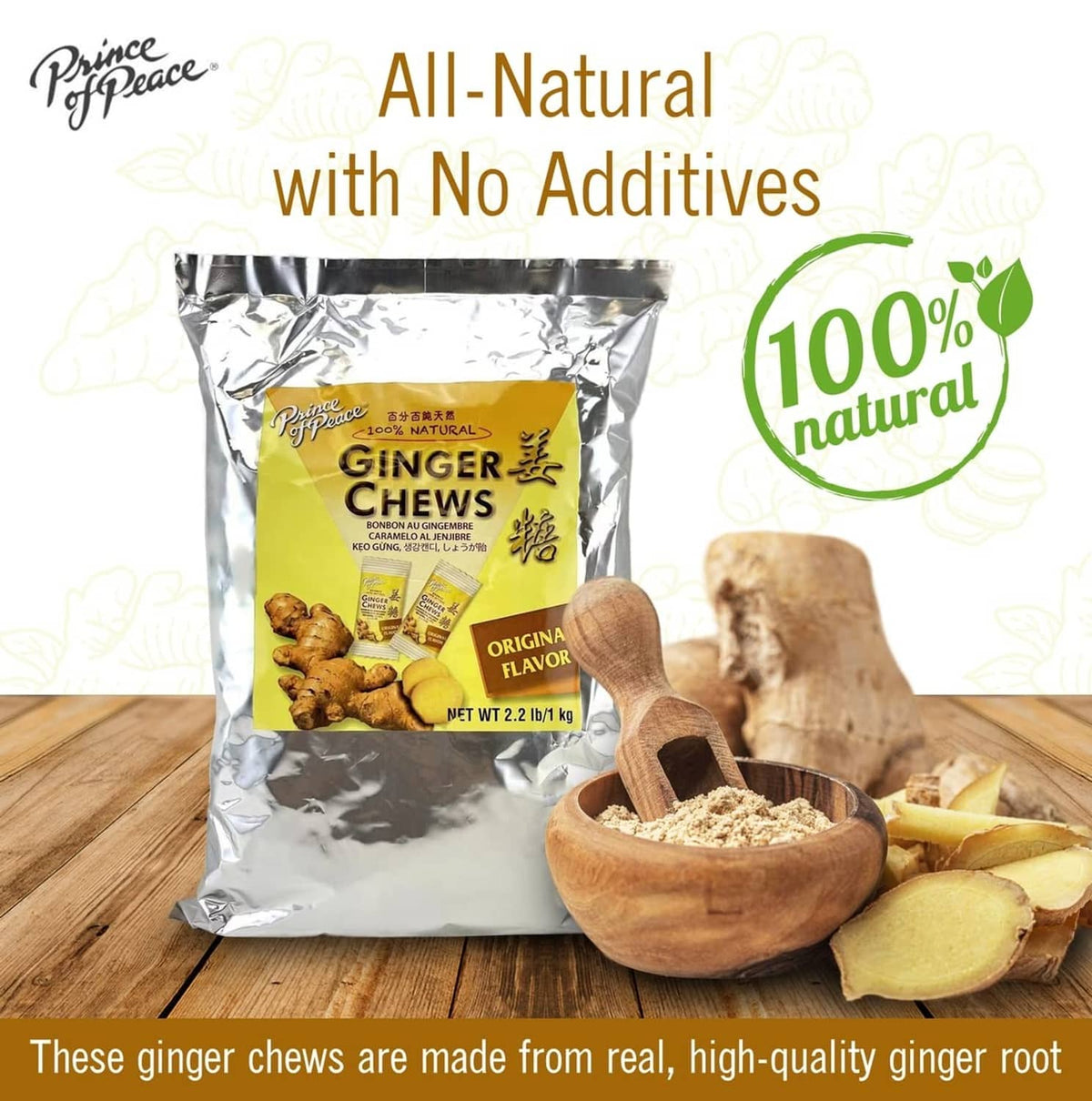 Ginger candy chews pouch with bowl of ginger root slices
