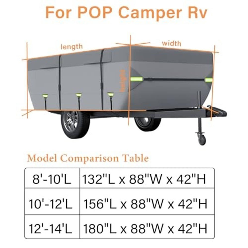 Gray pop-up camper trailer cover with length and width measurement overlay