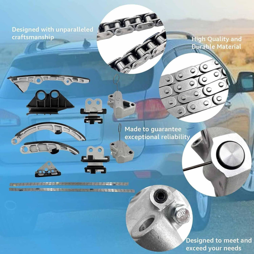 Timing chain kit showing metal chain links and molded guides with tensioner parts