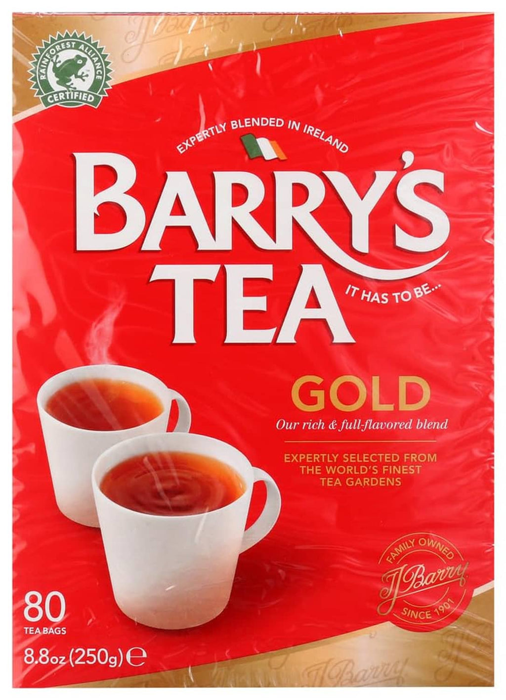 Barry's Tea Gold 80-count tea bags pouch, red packaging with cups and gold text