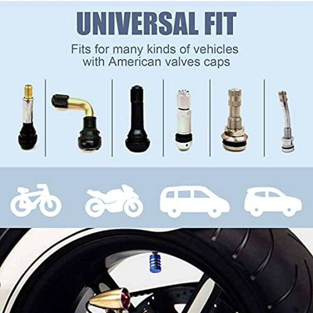 Blue American flag tire valve stem cap installed on a wheel valve