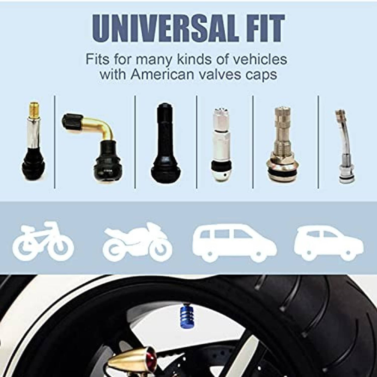 Blue American flag tire valve stem cap installed on a wheel valve
