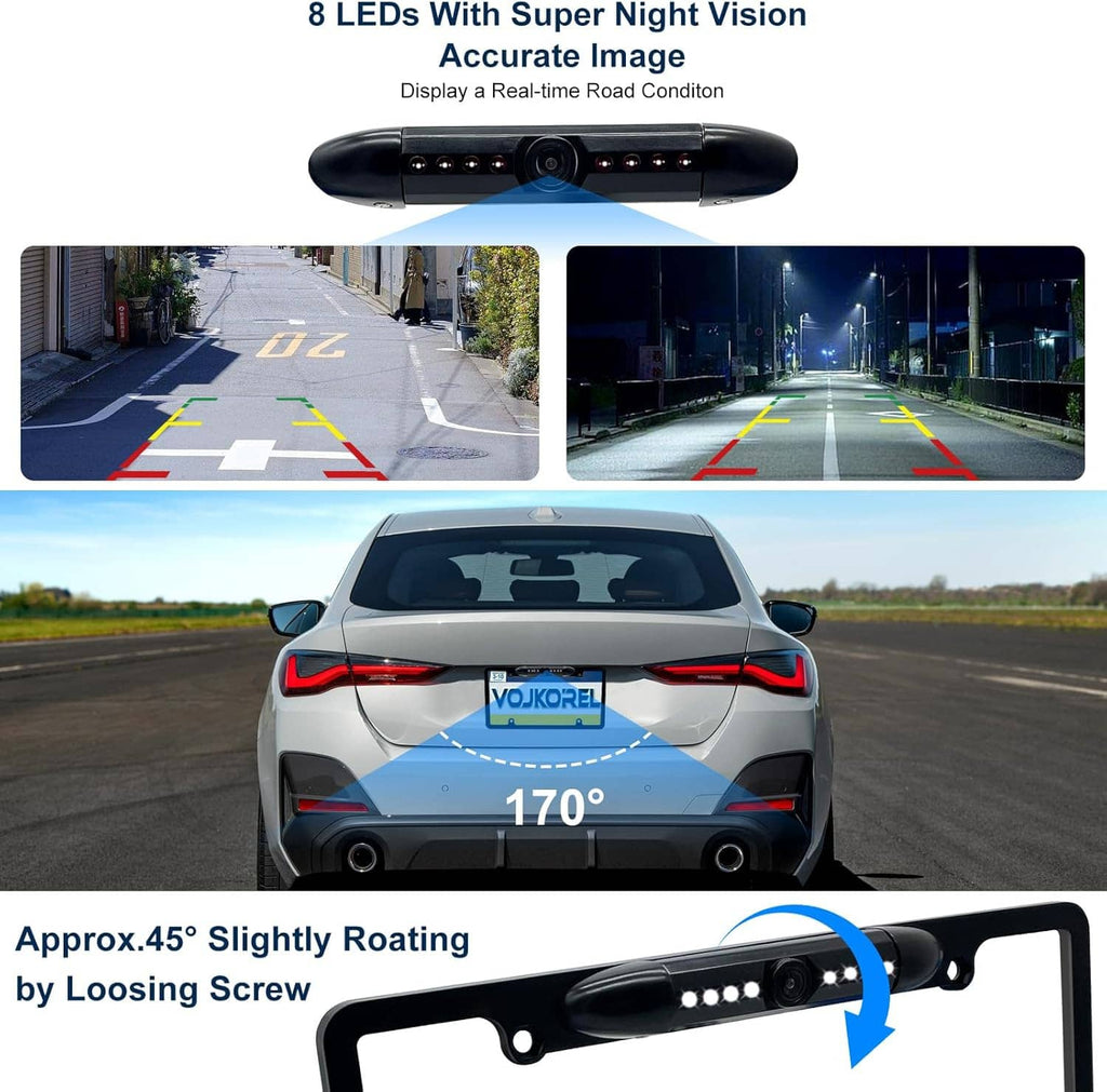 License plate frame backup camera mounted on a car rear with LED light bar