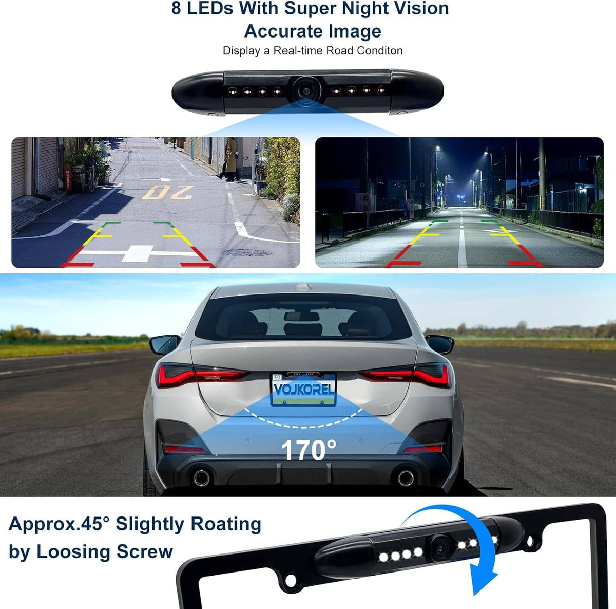 License plate frame backup camera mounted on a car rear with LED light bar