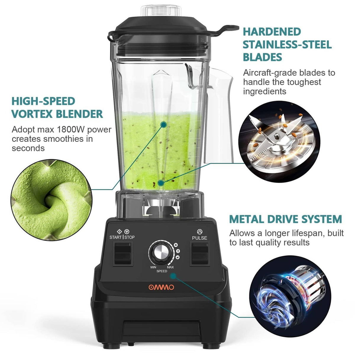 Black high-speed countertop blender with clear jar and transparent lid