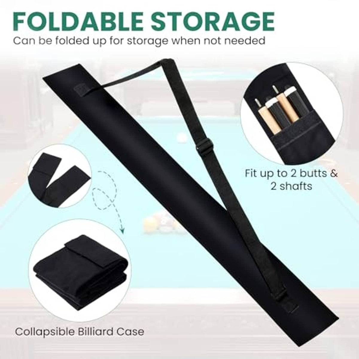 Black collapsible billiard cue case with shoulder strap, holds up to 2 butts and 2 shafts